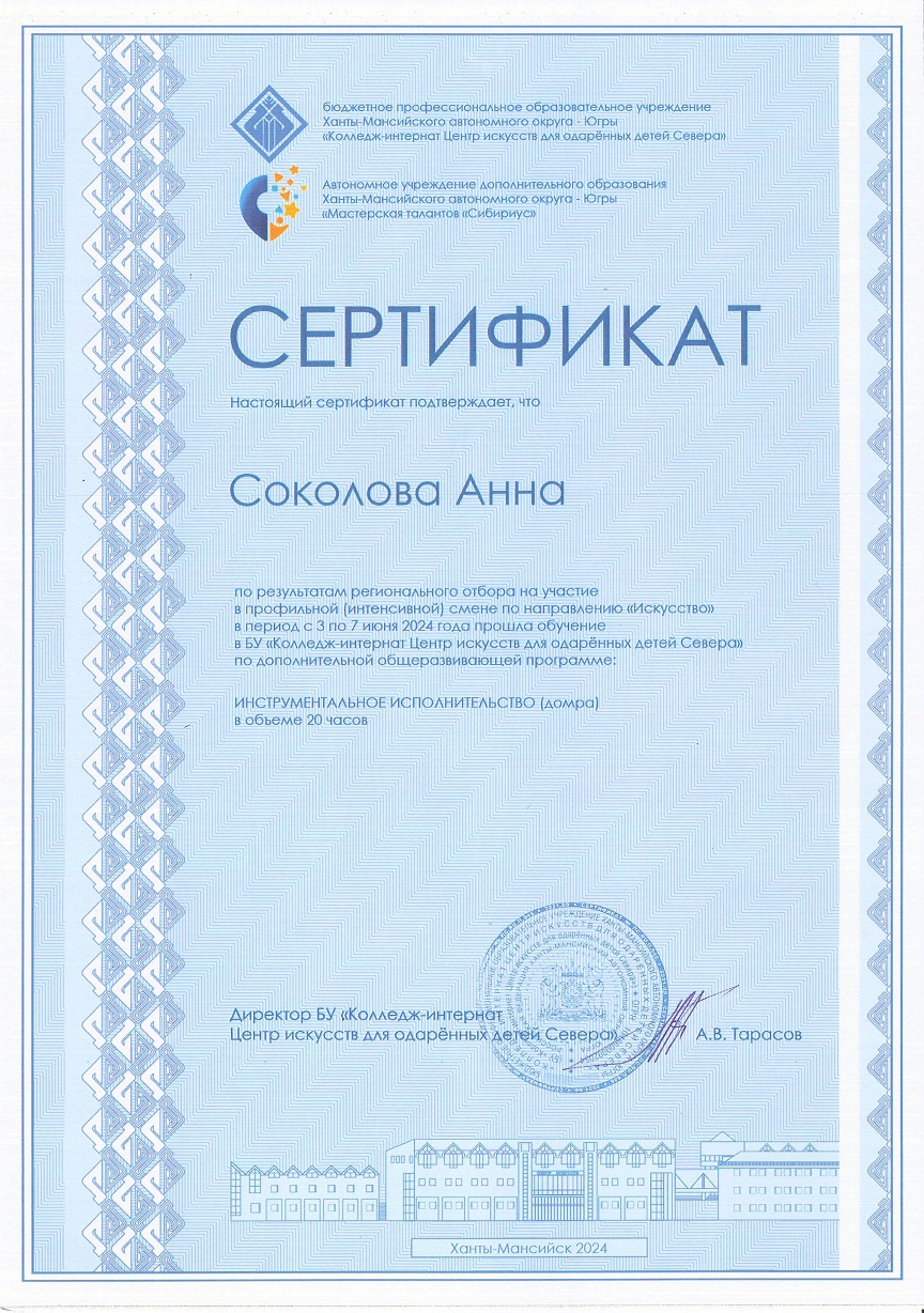 Сертификат Соколовой Анне