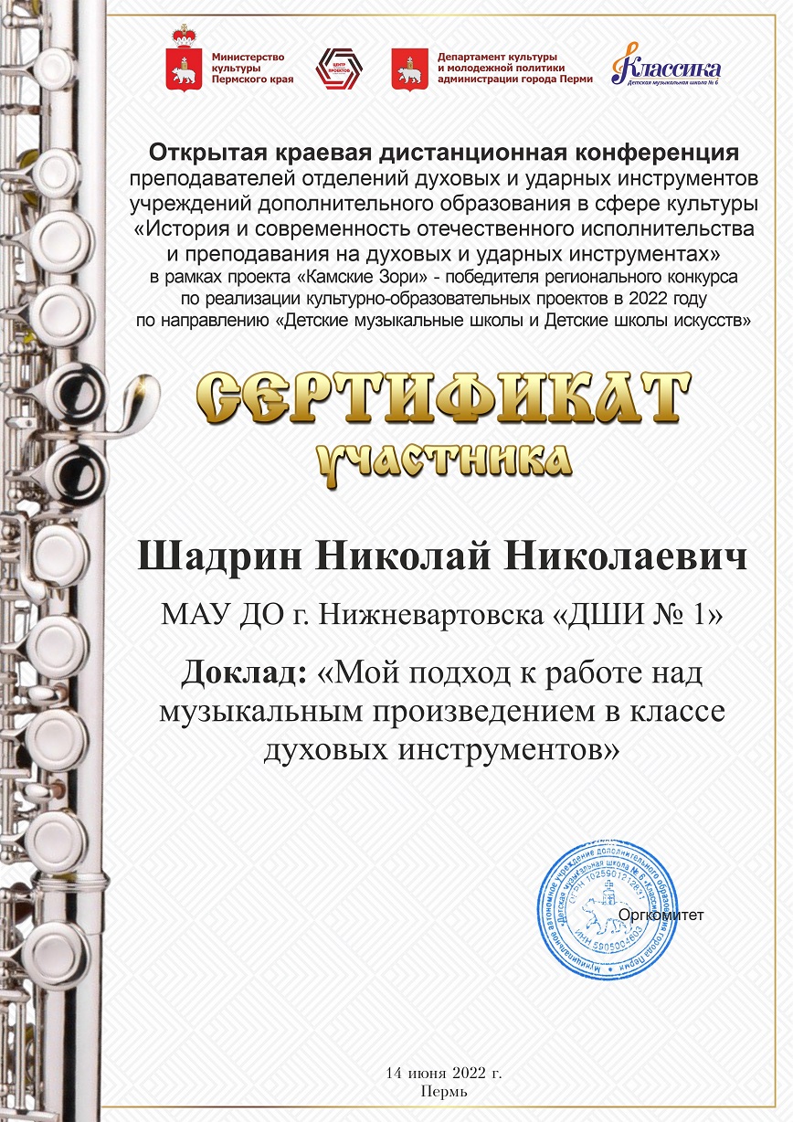 Сертификат участника преподавателя Шадрина Н.Н.